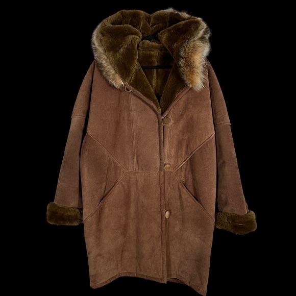 Marvin Richards Genuine Leather Suede Fur Trimmed Hooded Winter Coat Medium - Picture 4 of 8